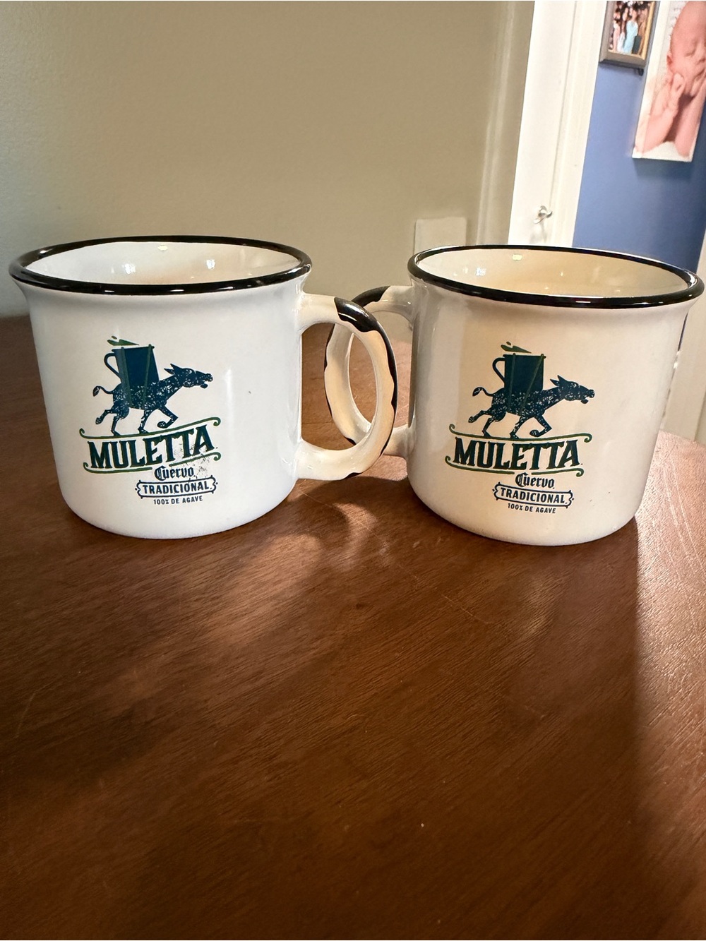 Muletta cuervo Tradicional White Ceramic Mug with Black Rim - Set of 2